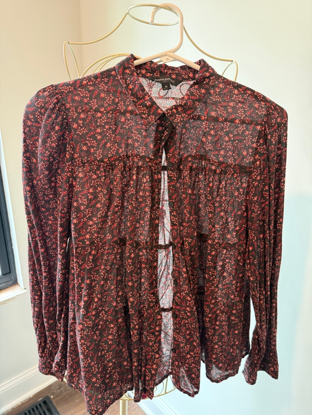 Banana Republic Black Blouse with Burgundy Floral Print
